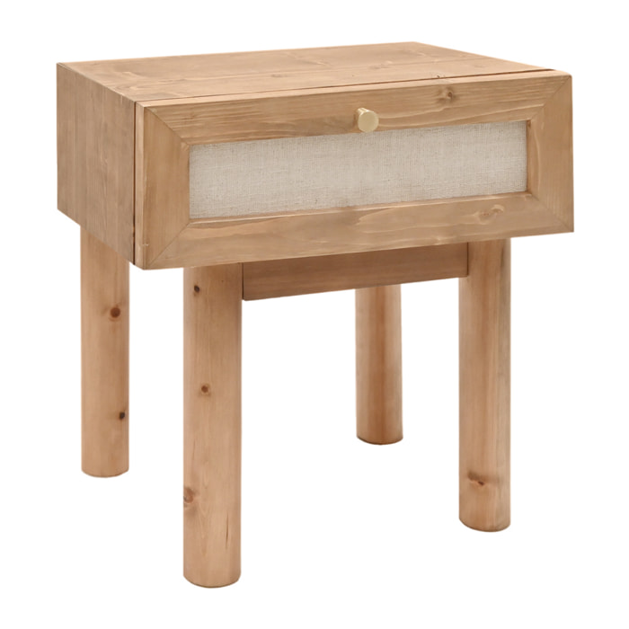 Table de chevet en bois massif et lin avec un tiroir en chêne foncé de 40x45cm Hauteur: 45 Longueur: 40 Largeur: 37
