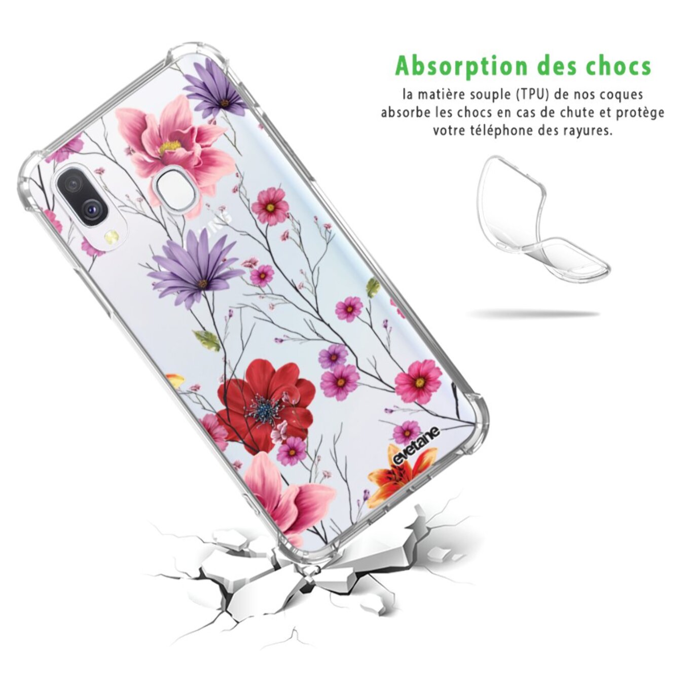 Coque Samsung Galaxy A40 anti-choc souple angles renforcés transparente Fleurs Multicolores Evetane