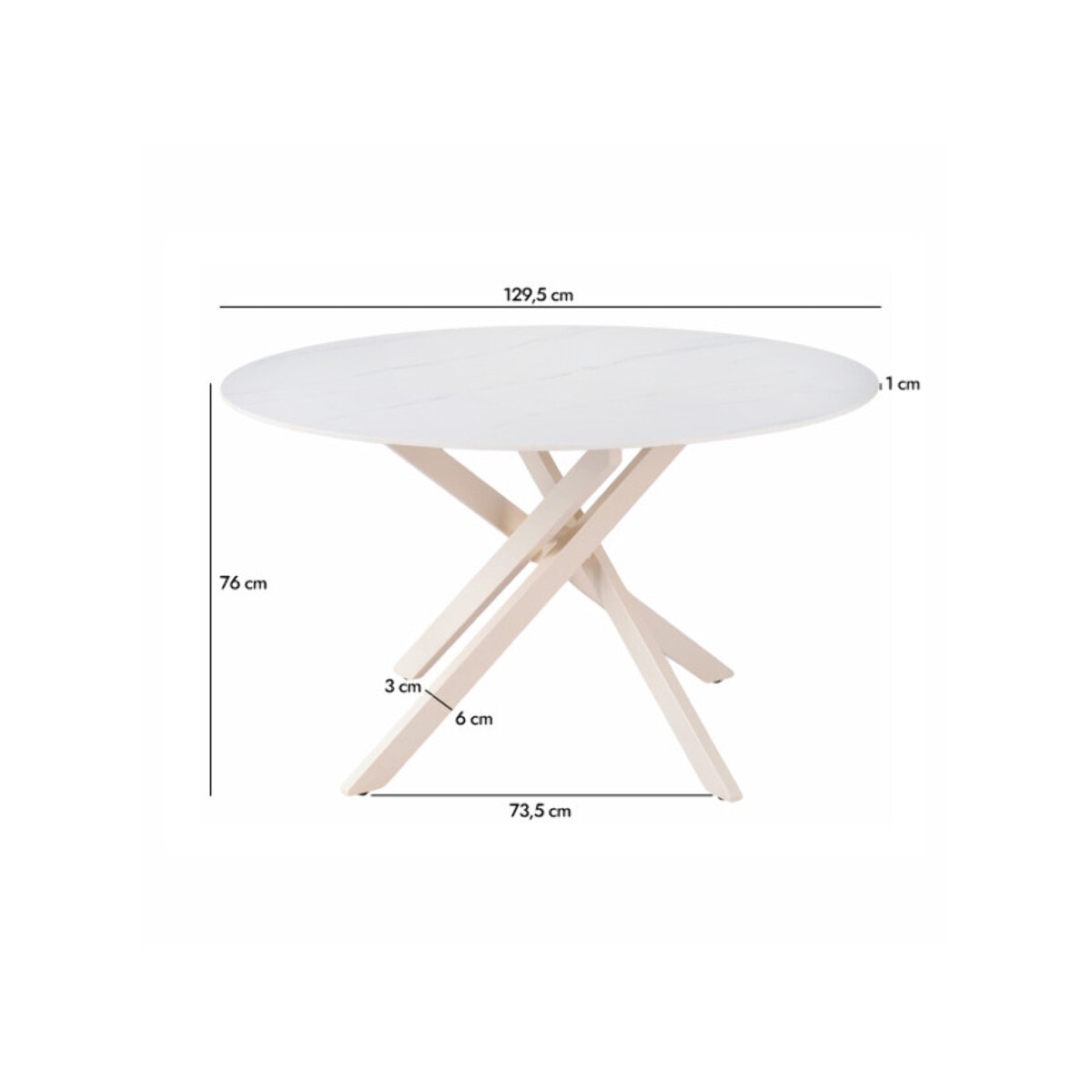 Table ronde D.130cm céramique blanc marbré pieds croisés métal – ROSALIE
