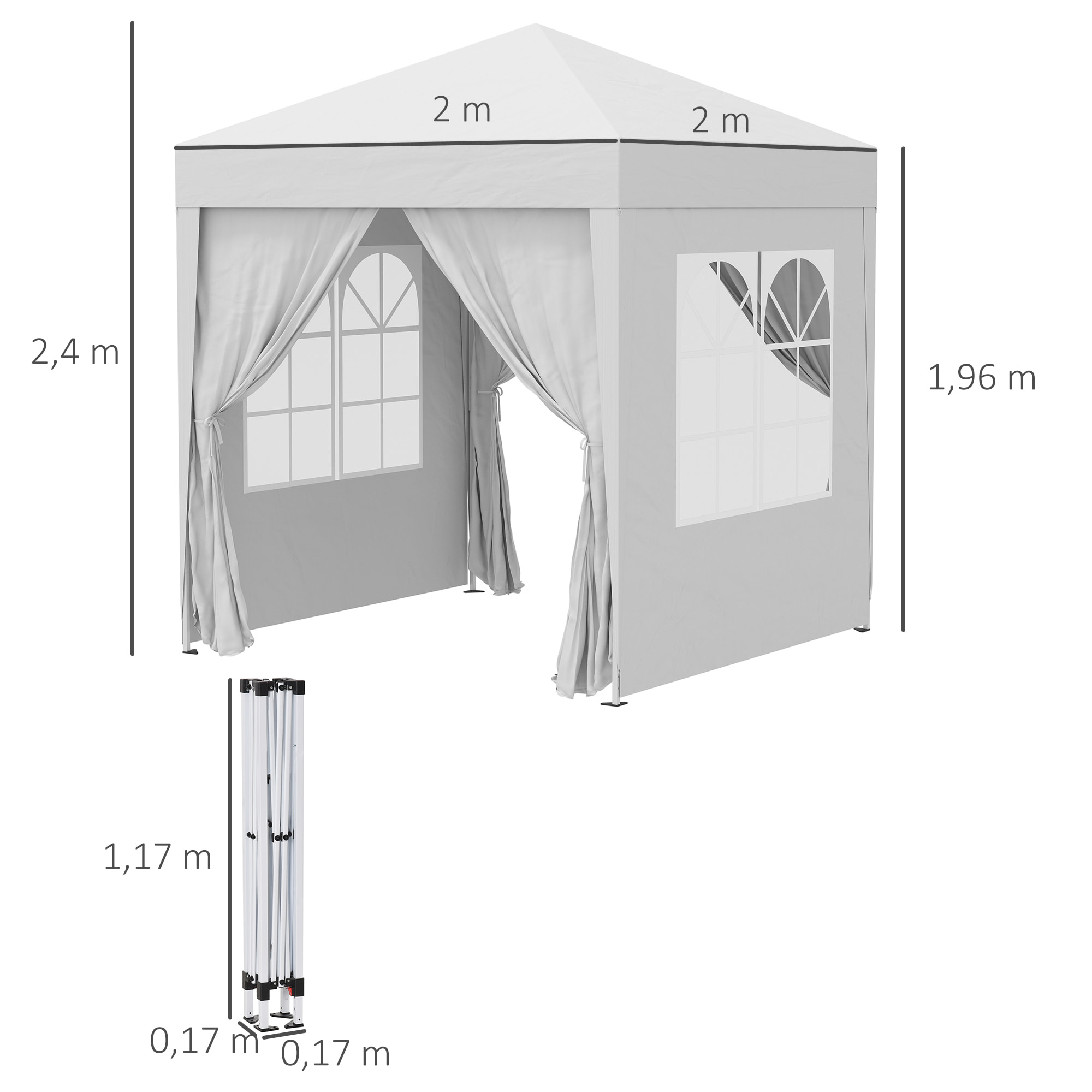 Carpa Plegable 2x2 m Cenador de Jardín con 4 Paredes Laterales Tela Oxford 2 Puertas 2 Ventanas y Bolsa de Transporte para Exterior Terraza Camping Fiestas Blanco