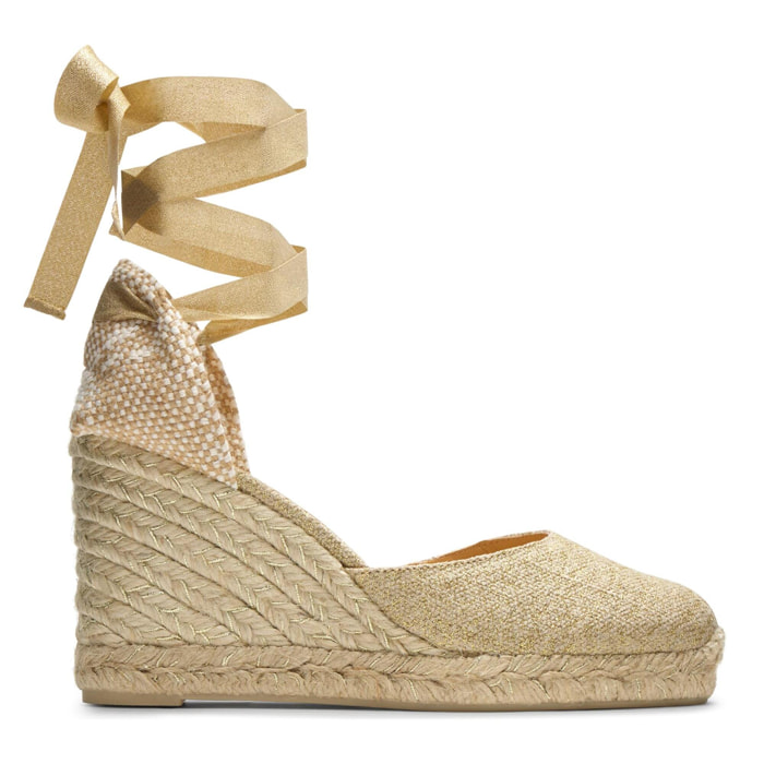 Alpargatas de cuña de mujer Carina en lino metalizado, cierre mediante lazada