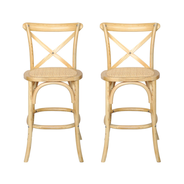 Lot de 2 tabourets de bar bistrot vintage en bois naturel avec repose-pieds