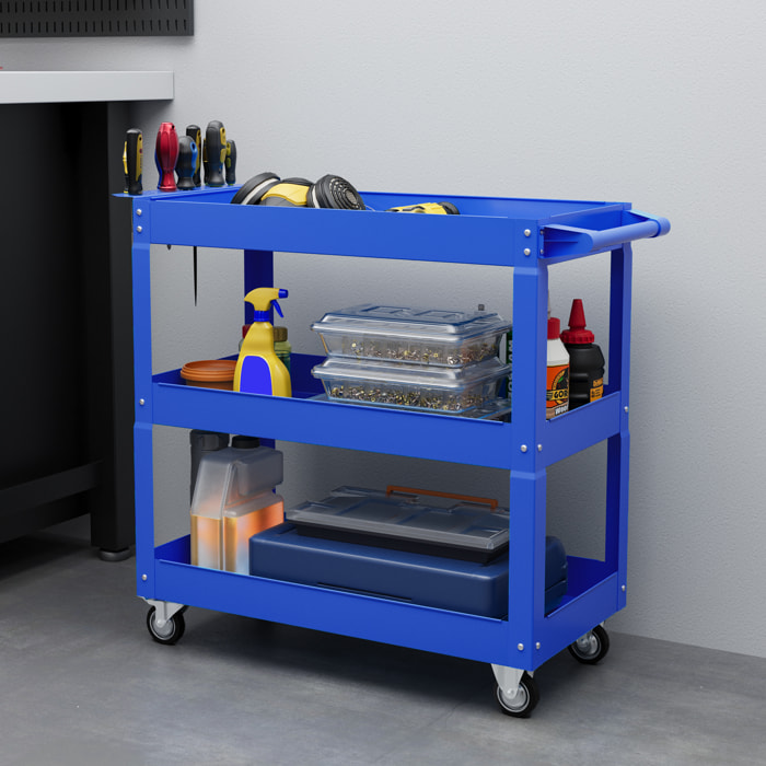 Chariot desserte d'atelier acier 3 plateaux sur roulettes avec poignée - charge max. 150 kg - 83 x 35,3 x 76 cm bleu