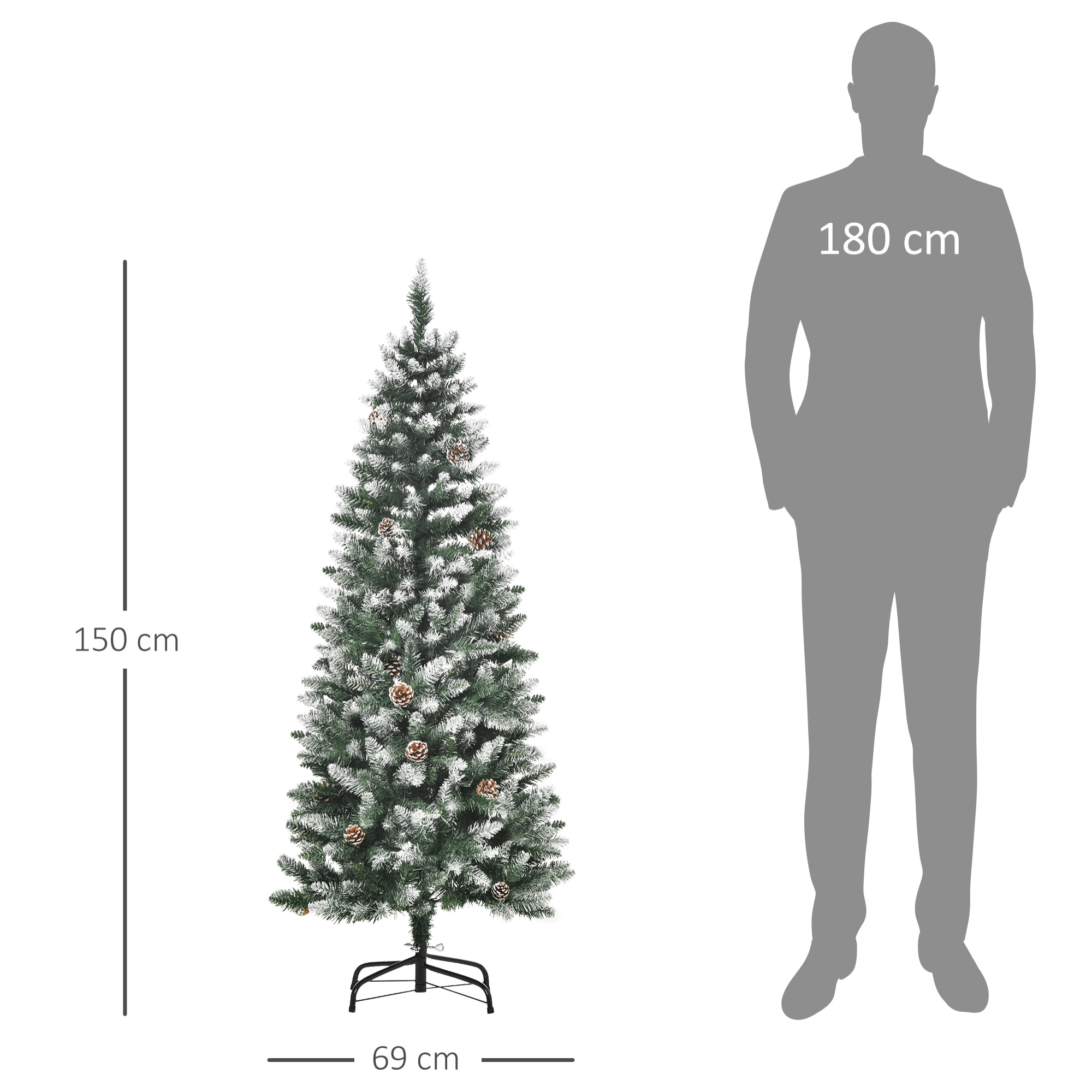 árbol de Navidad Artificial Ø69x150cm con 464 Puntas de PVC y 28 Piñas Decoración de Interior con Base Plegable y Soporte de Acero Verde