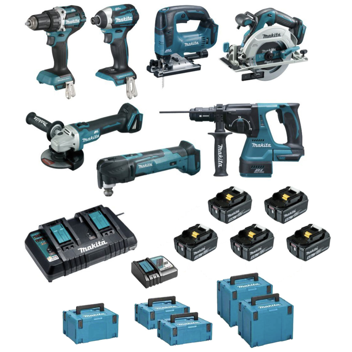 Pack de 7 máquinas de 18V - Taladro DDF484 + destornillador DTD154 + amoladora DGA506 + sierra DHS680 + perforadora DHR243 + cortadora DTM51 + sierra DJV182 - MAKITA - con 5 baterías 18V 5Ah + 2 cargadores rápidos + 5 MAKPAC - DLX7014PTJ