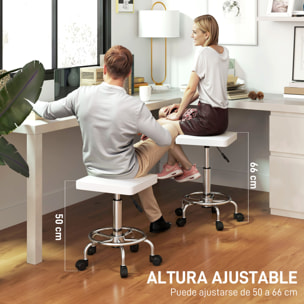 Taburete Giratorio Taburete con Ruedas Altura Regulable 50-66 cm Asiento Tapizado de Cuero Sintético Reposapiés para Salones y Talleres Blanco