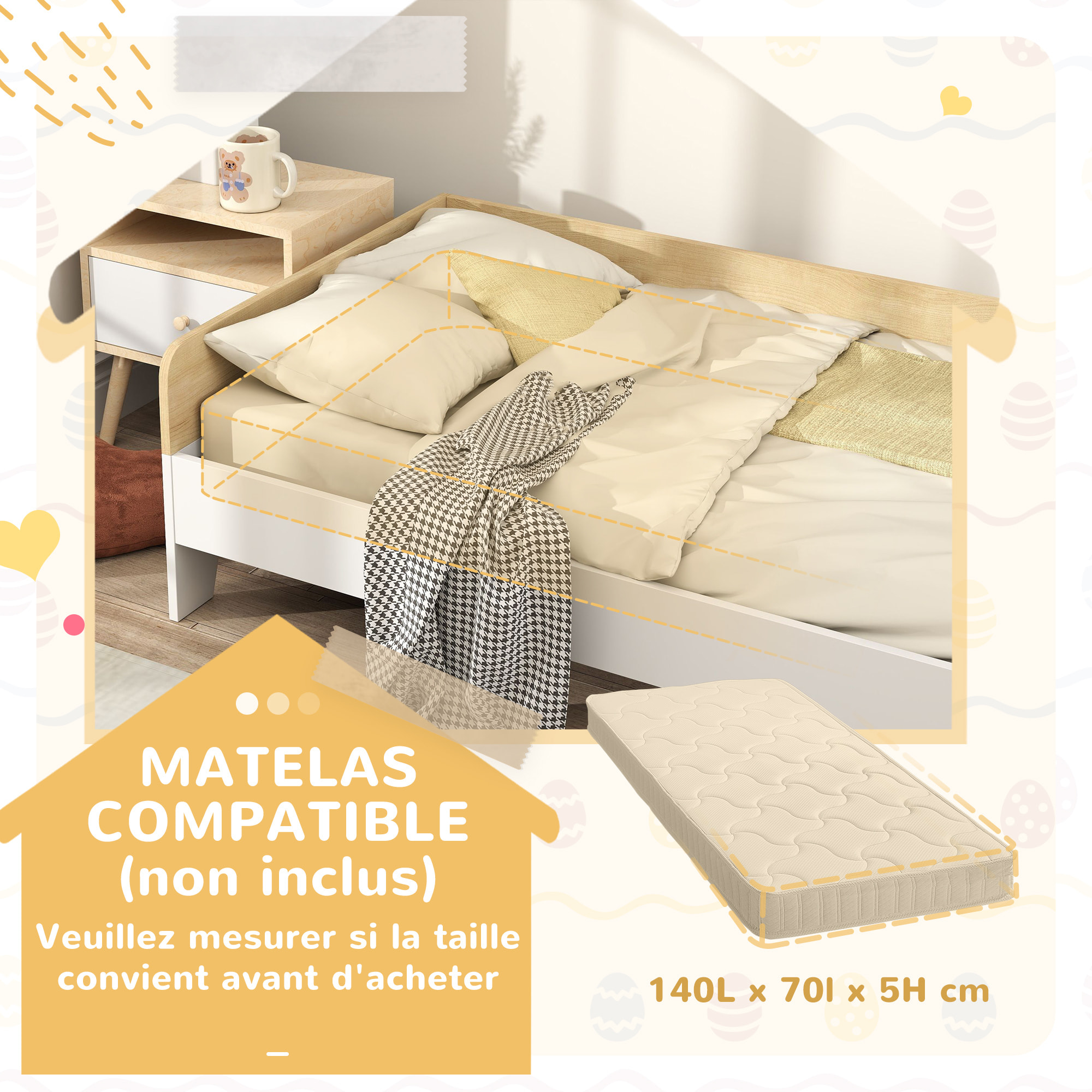 Lit pour enfant 3-8 ans style nordique - sommier à lattes inclus - blanc effet bois clair