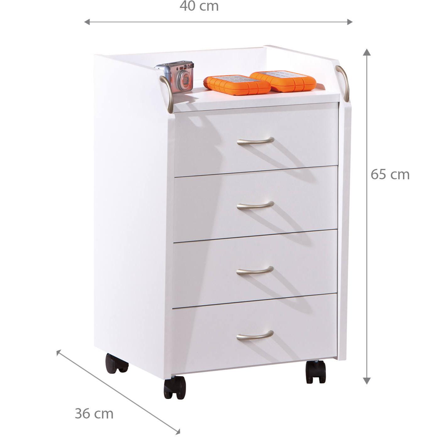 Cassettiera con ruote, 4 cassetti, 40 x 36 x 65 cm, mobile per ufficio, bianco