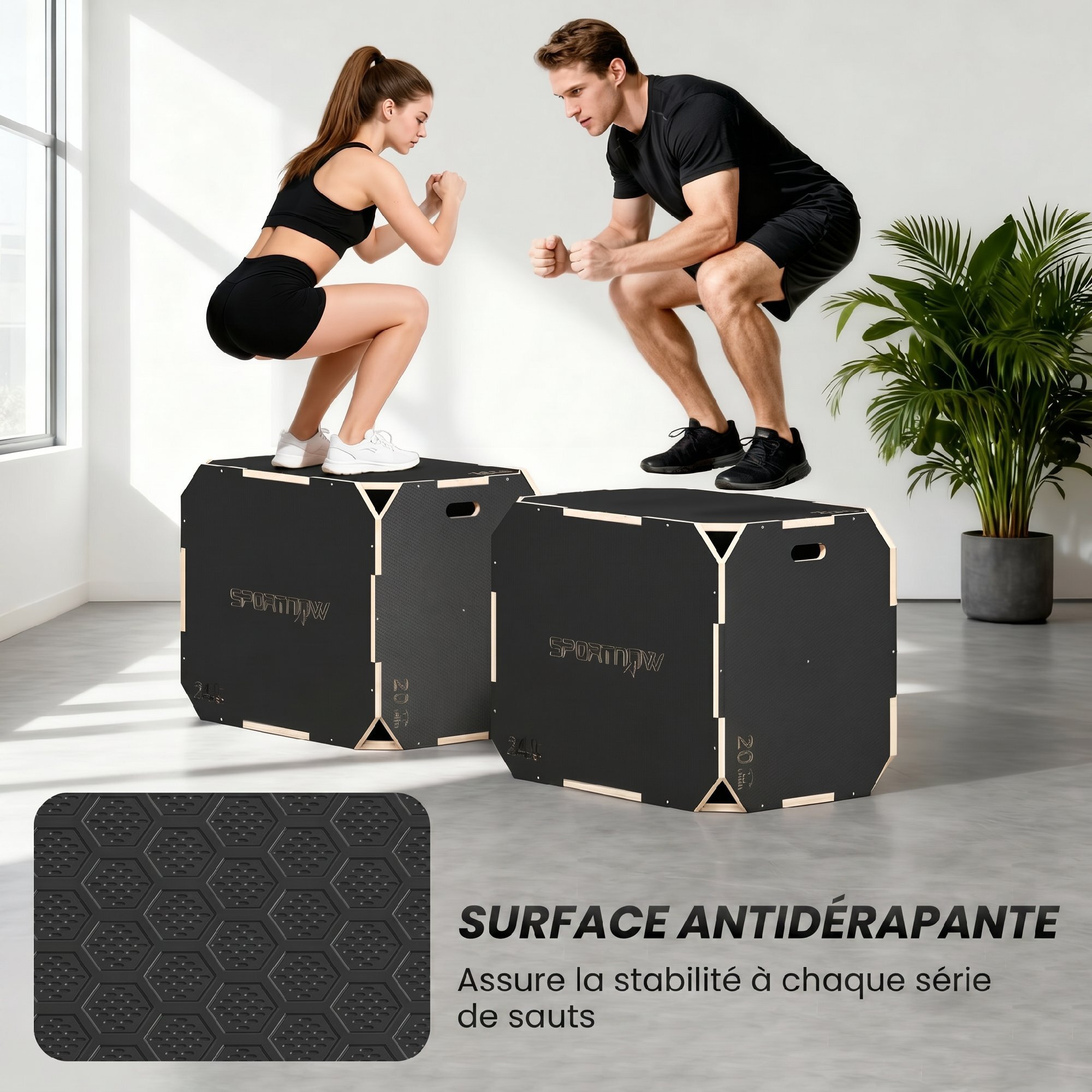 Box jump - box de pliométrie - boite de saut - 3 hauteurs 51/61/76H cm - charge max. 120 Kg - contreplaqué antidérapant noir