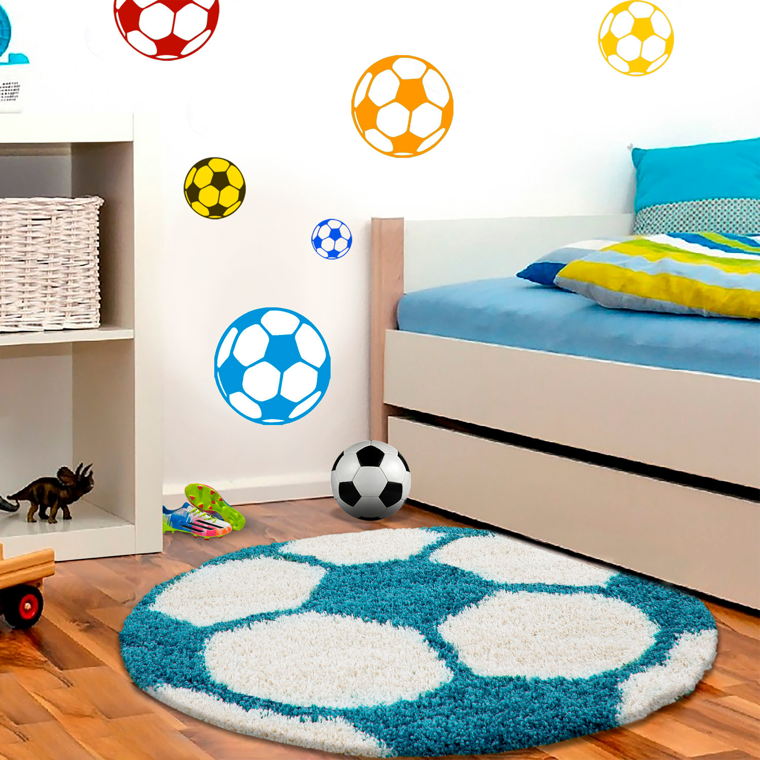 FUN - Tapis enfant shaggy rond à poils long motif ballon de foot turquoise