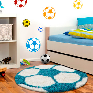 FUN - Tapis enfant shaggy rond à poils long motif ballon de foot turquoise