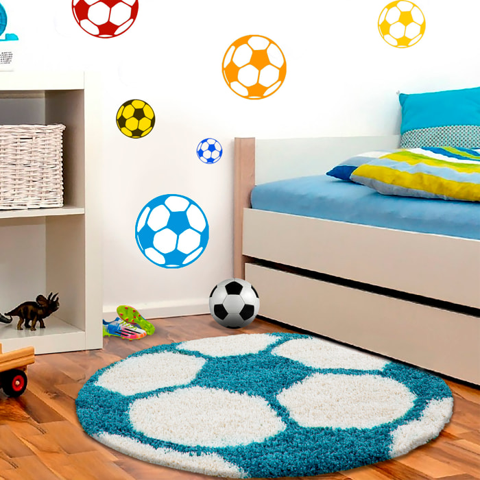 FUN - Tapis enfant shaggy rond à poils long motif ballon de foot turquoise