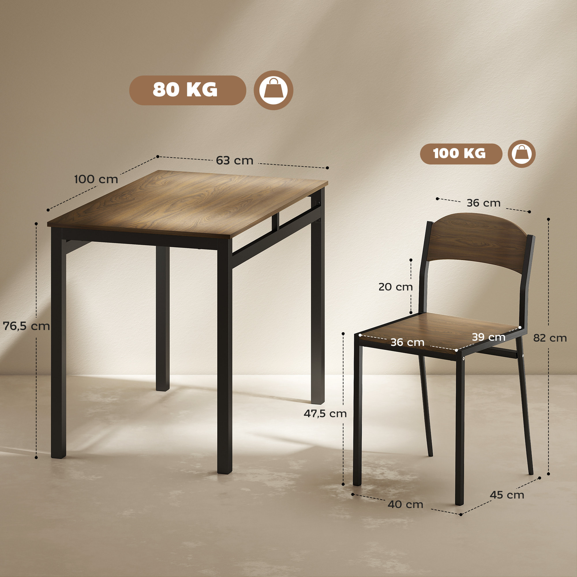 Juego de Mesa y Sillas de Comedor, Mesa de Cocina Rectangular con 4 Sillas, Estilo Moderno, Marco Metálico, para Espacios Pequeños, Salón, Marrón Oscuro y Negro