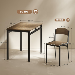 Juego de Mesa y Sillas de Comedor, Mesa de Cocina Rectangular con 4 Sillas, Estilo Moderno, Marco Metálico, para Espacios Pequeños, Salón, Marrón Oscuro y Negro