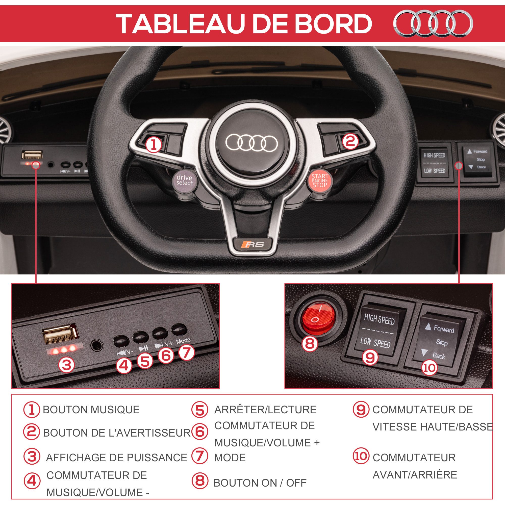 Véhicule électrique enfant TT RS 12 V 35 W V. max. 3 Km/h télécommande effets sonores + lumineux blanc