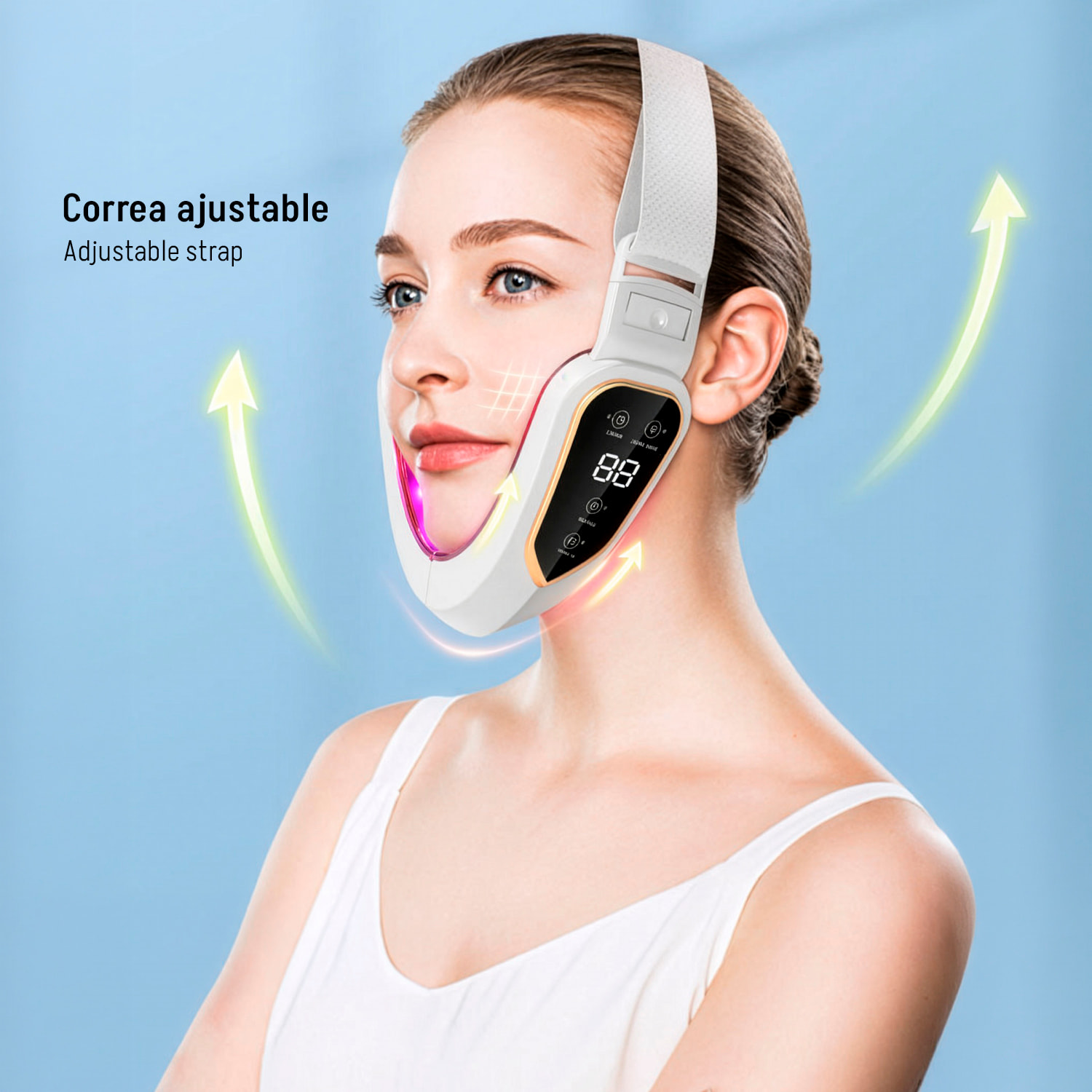 Dispositivo de belleza facial con 12 niveles de ajuste, 5 modos de luz LED y temporizador.