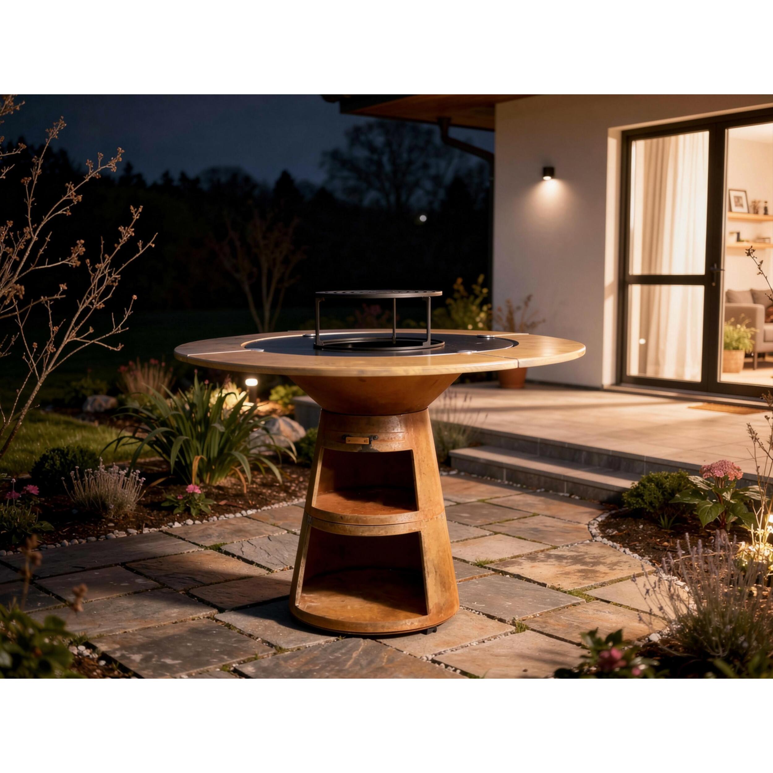 Barbacoa redonda con plancha de acero y grill y tablero de madera EFP59CO WOOD PURLINE  W