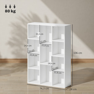 Librería de 4 Niveles Estantería de Libros con 11 Compartimentos Diseño Vertical u Horizontal para Sala de Estar Oficina Dormitorio 74,3x24x106 cm Blanco