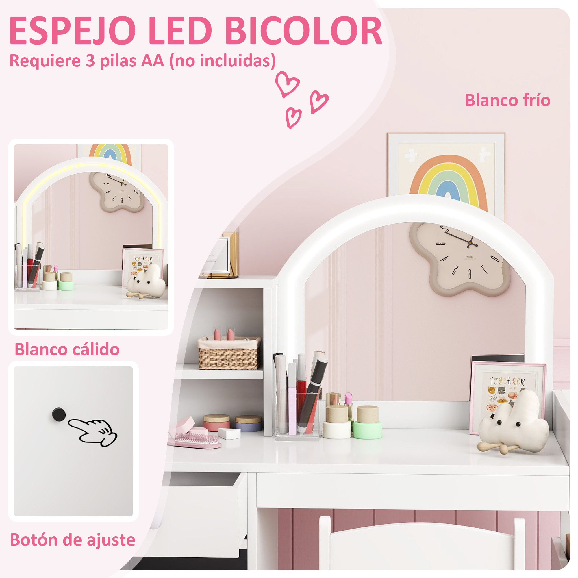 Tocador de Maquillaje Niña, Tocador Infantil con Taburete y Espejo con Luces LED, 1 Cajón, Armario y 5 Estantes, para Niños de 3 a 8 Años, Blanco