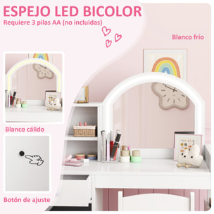 Tocador de Maquillaje Niña, Tocador Infantil con Taburete y Espejo con Luces LED, 1 Cajón, Armario y 5 Estantes, para Niños de 3 a 8 Años, Blanco