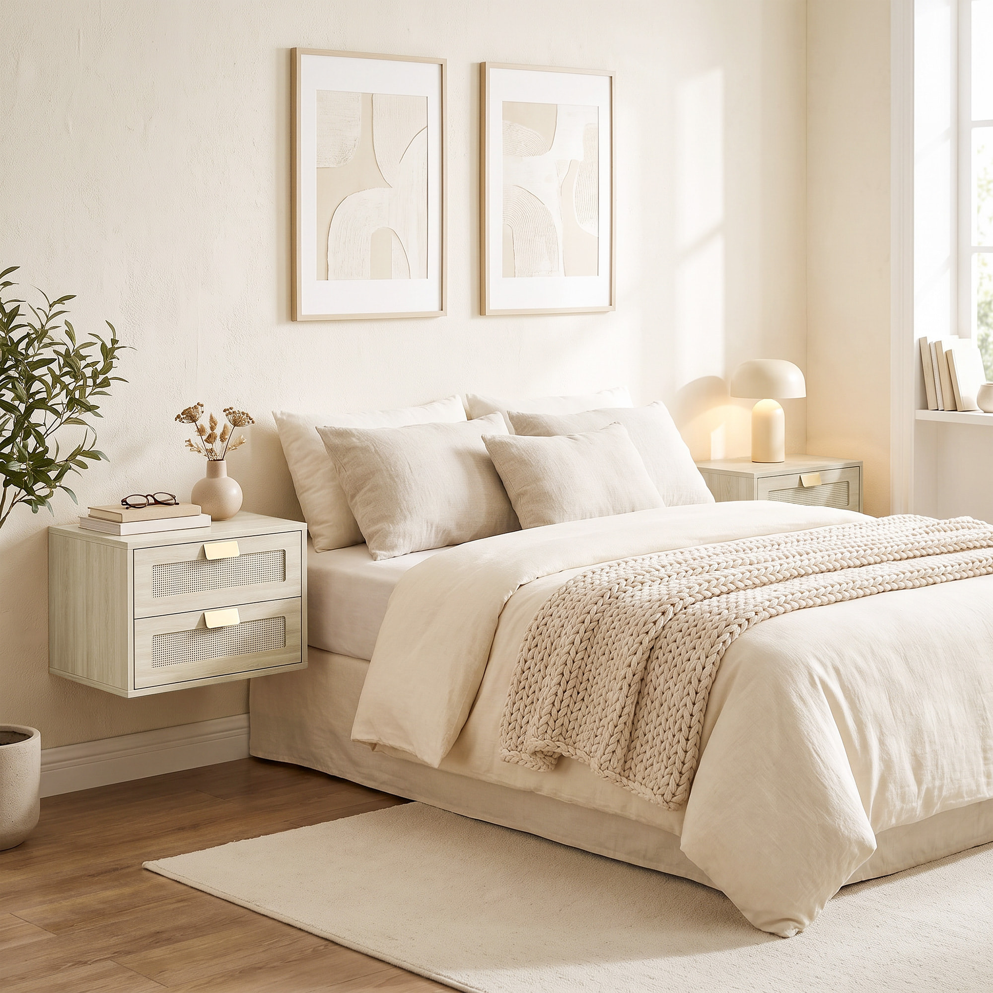 Juego de 2 Mesitas de Noche Flotantes, Mesillas de Noche con 2 Cajones con Frente de Ratán Natural, Diseño Moderno, para Dormitorio, 40x30x27,6 cm, Roble