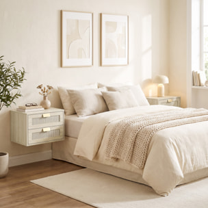Juego de 2 Mesitas de Noche Flotantes, Mesillas de Noche con 2 Cajones con Frente de Ratán Natural, Diseño Moderno, para Dormitorio, 40x30x27,6 cm, Roble