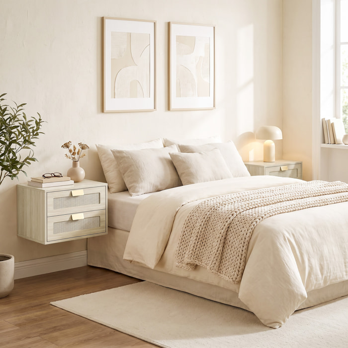 Juego de 2 Mesitas de Noche Flotantes, Mesillas de Noche con 2 Cajones con Frente de Ratán Natural, Diseño Moderno, para Dormitorio, 40x30x27,6 cm, Roble