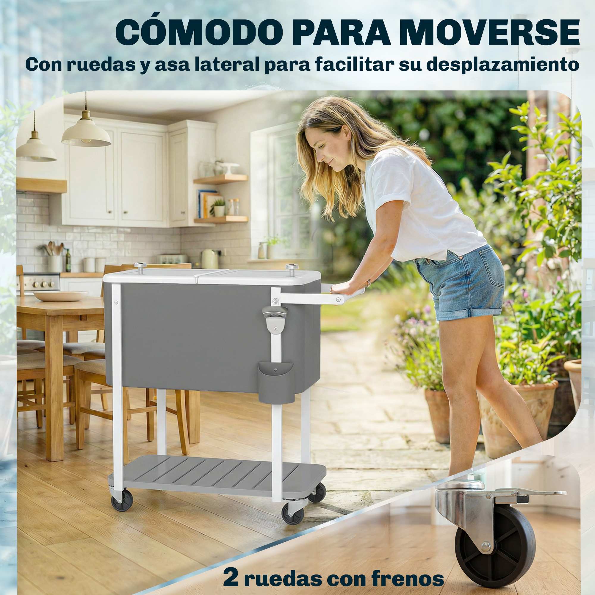 Carrito Nevera de 56L con Ruedas, Carro de Bebidas con Estante, Abrebotellas, Recogetapas, Drenaje y Asa, Mesa Nevera Jardín Exterior para Patio, Fiesta, BBQ, 84x38x83 cm, Gris
