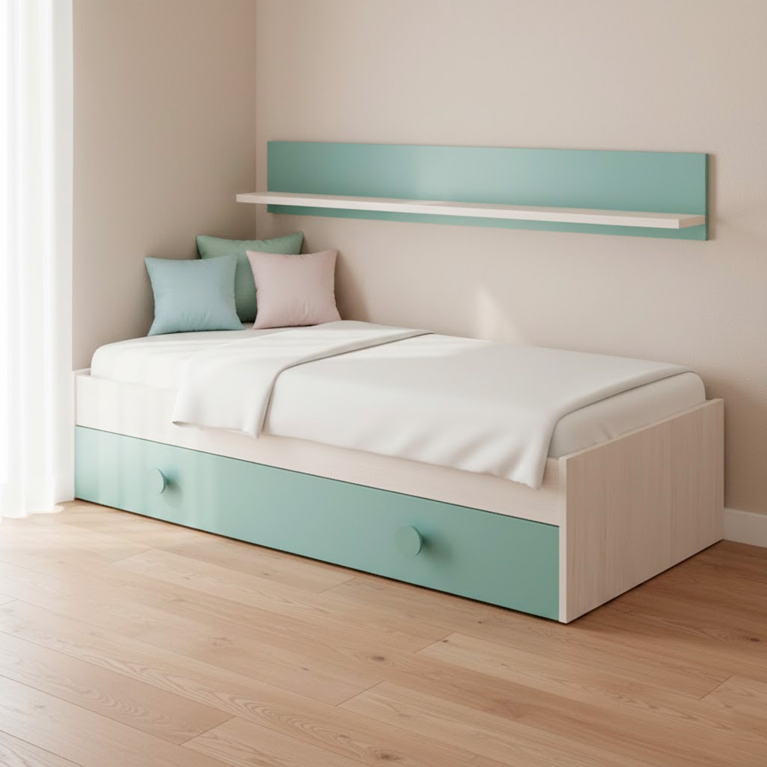 Letto Singolo A Scomparsa Per Ragazzi Con Letto Estraibile E Mensola A Muro Salvaspazio Per Cameretta Camera 201x43x98 Cm Bianco Alpi e Verde Acqua