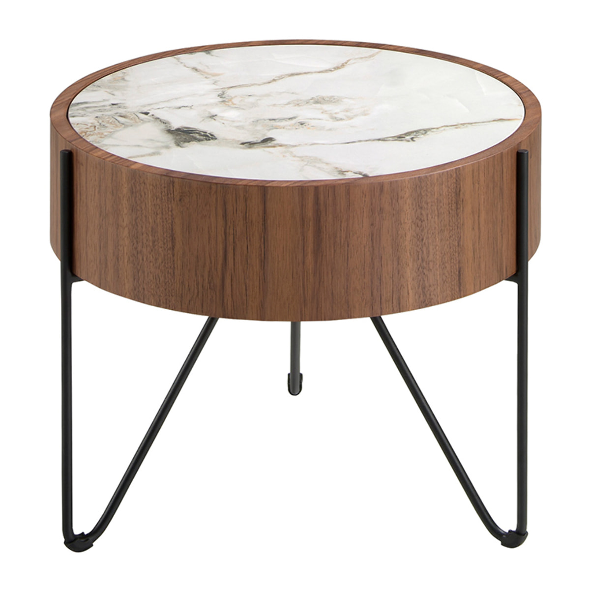 Mesa rincón Angel Cerdá redonda en madera chapada en nogal natural y una tapa de mármol porcelánico blanco con vetas en tonalidades grises y marrones en acabado brillo 50x50x38cm