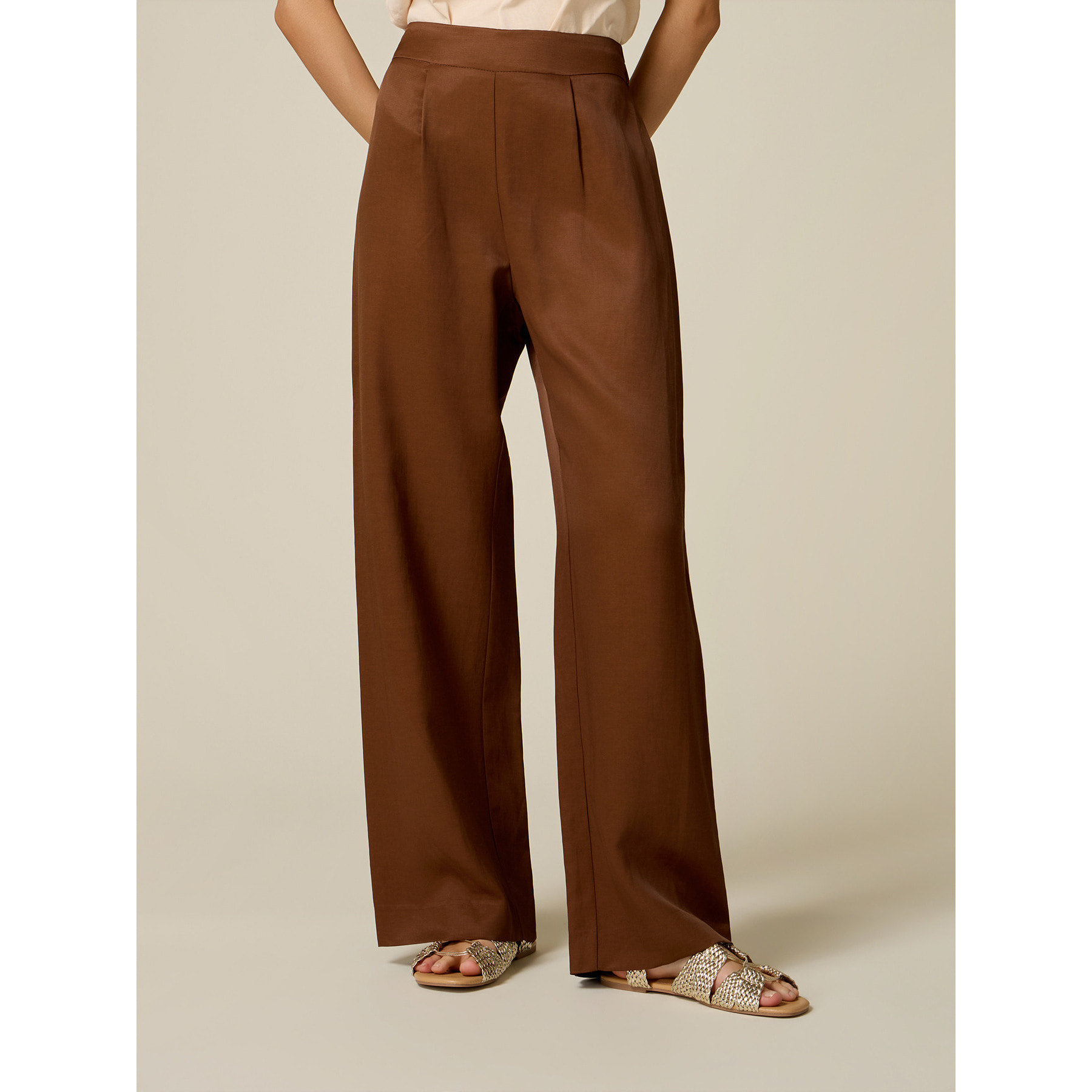 Oltre - Pantaloni palazzo in twill misto lino - Marrone