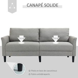 Canapé 2 places style contemporain assises larges profondes accoudoirs courbés piètement effilé bois hévéa noir polyester gris clair