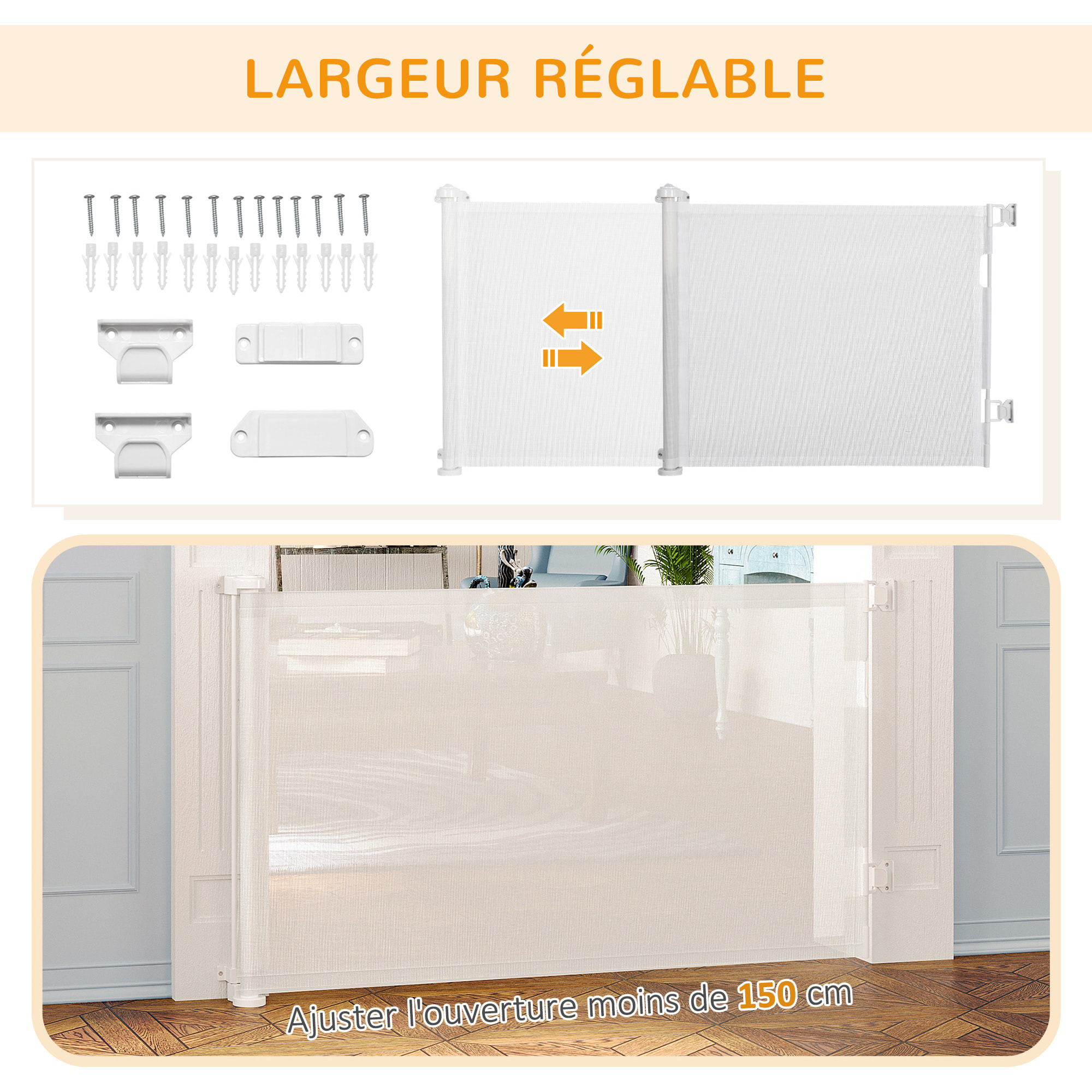 Barrière de sécurité barrière animaux rétractable automatique 1,65L x 0,85H m teslin alu. PVC blanc