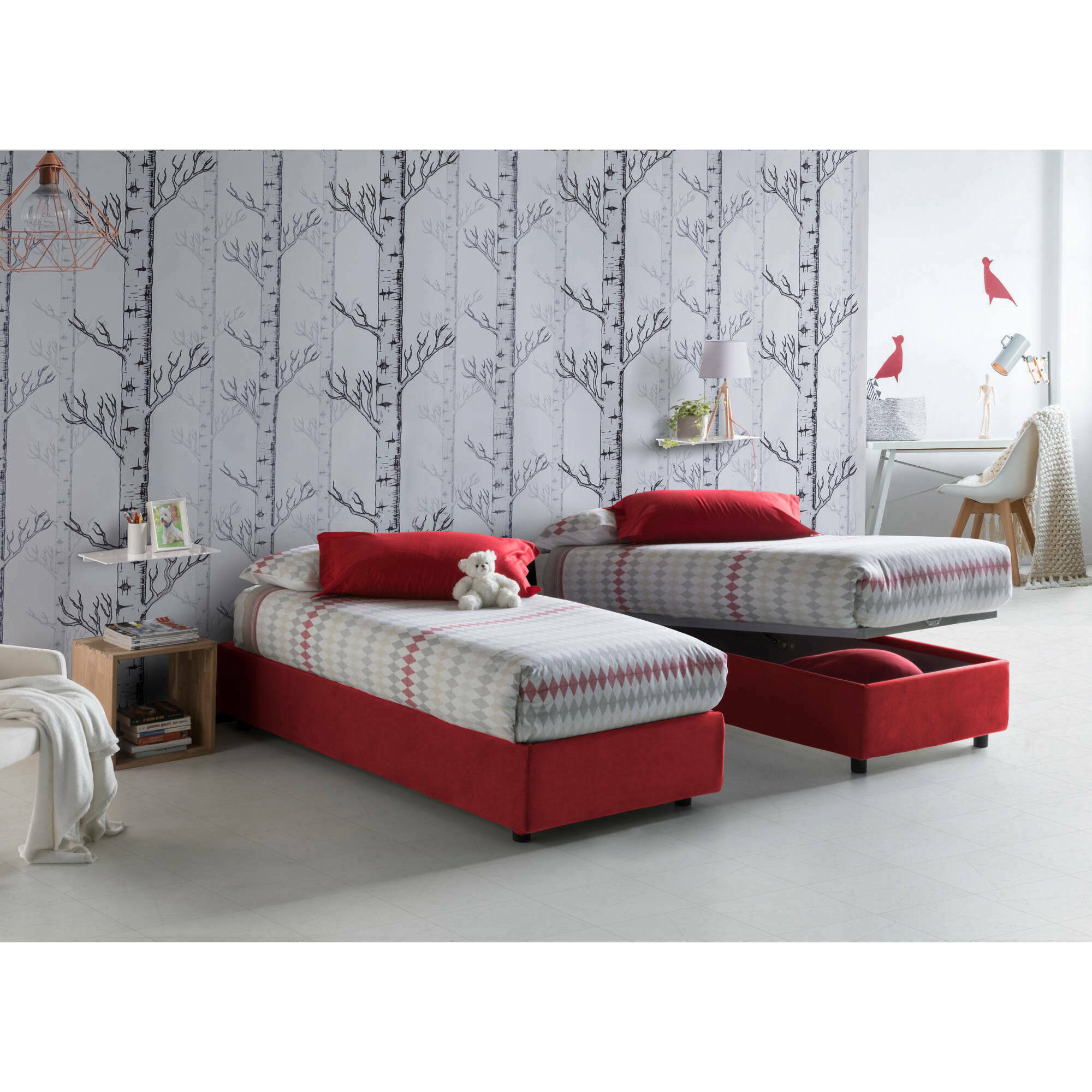 Letto singolo Valentina, Letto contenitore con rivestimento in tessuto, 100% Made in Italy, Apertura frontale, con materasso Cm 90x200 incluso, Rosso