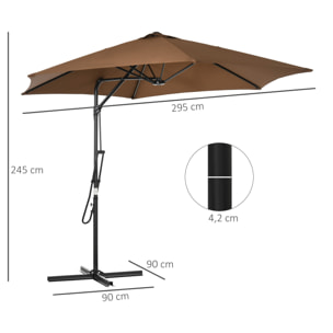 Sombrilla Voladizo de Jardín Ø295x245 cm Parasol Excéntrico Manivela Manual con 6 Varillas de Metal Ventilación y Base Cruzada para Patio Terraza Exterior Marrón