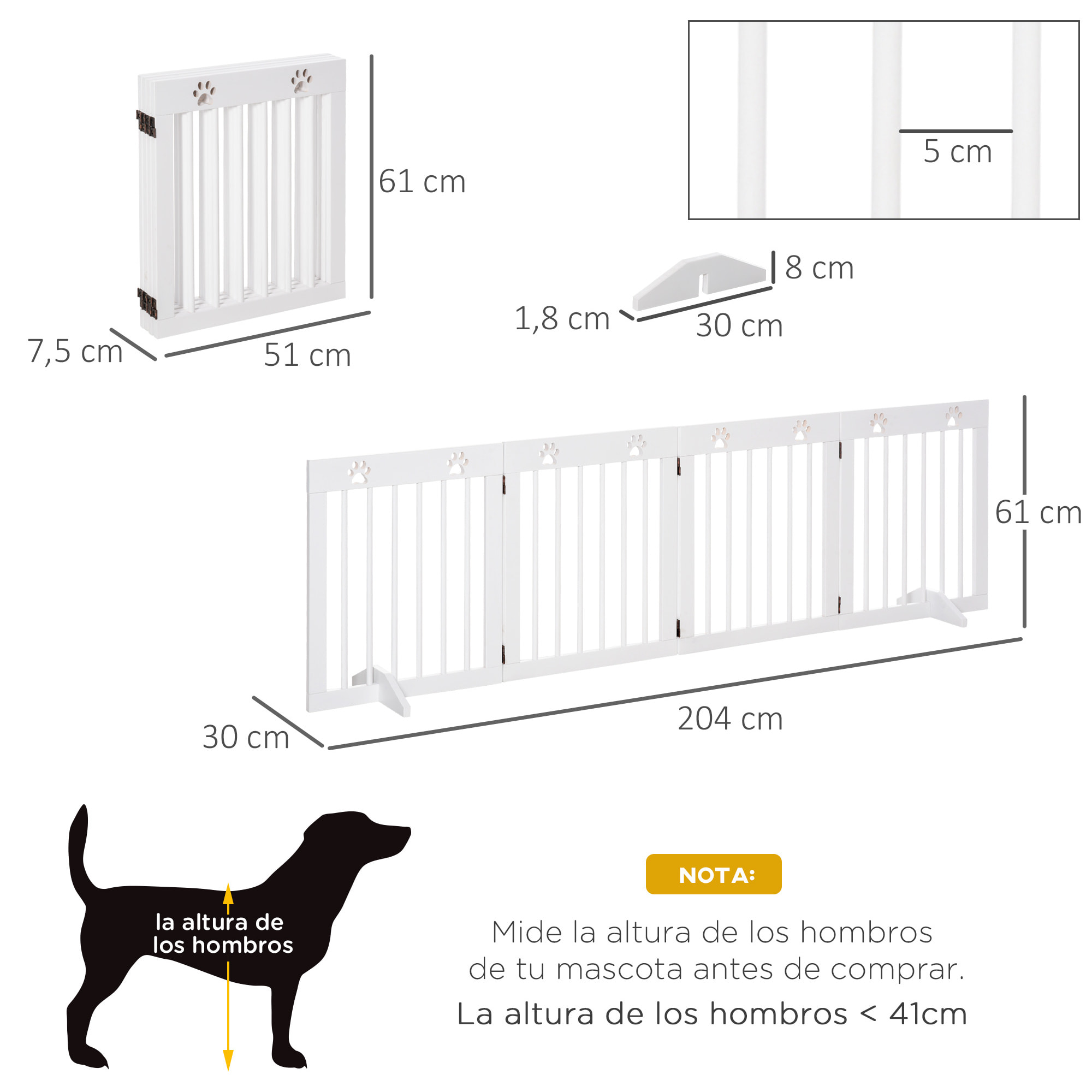 Barrera de Seguridad Plegable para Perros 4 Paneles con Patas 204x30x61cm Blanco