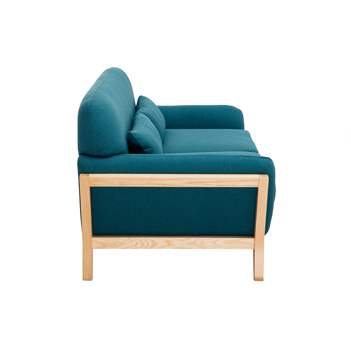 Canapé scandinave 2 places en tissu bleu canard et bois clair YOKO