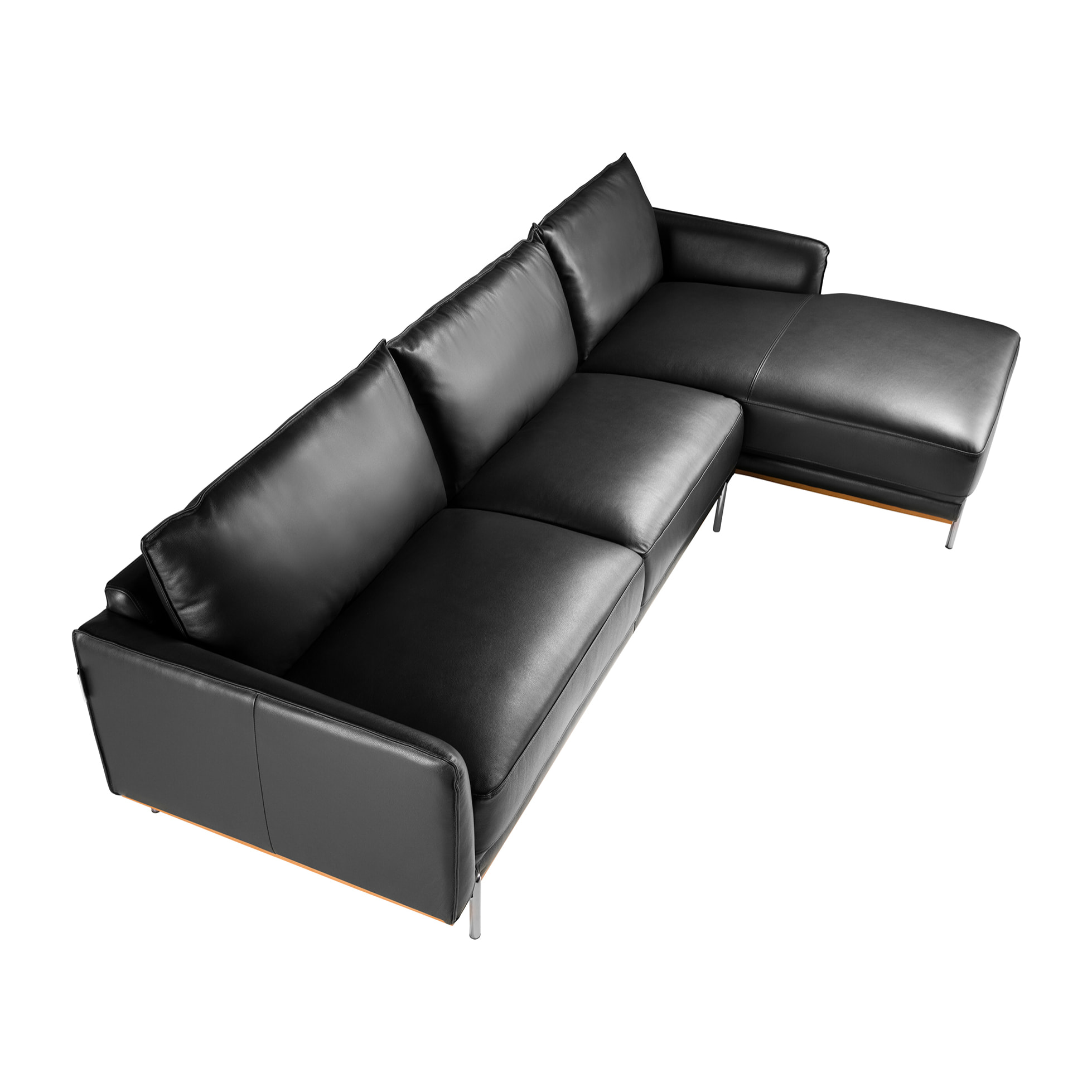 Sofá chaise longue derecha de 5 plazas tapizado en piel de origen vacuno en negro embellecedor de madera de haya vaporizada en nogal y patas de acero inoxidable oscurecido 295x160x83cm