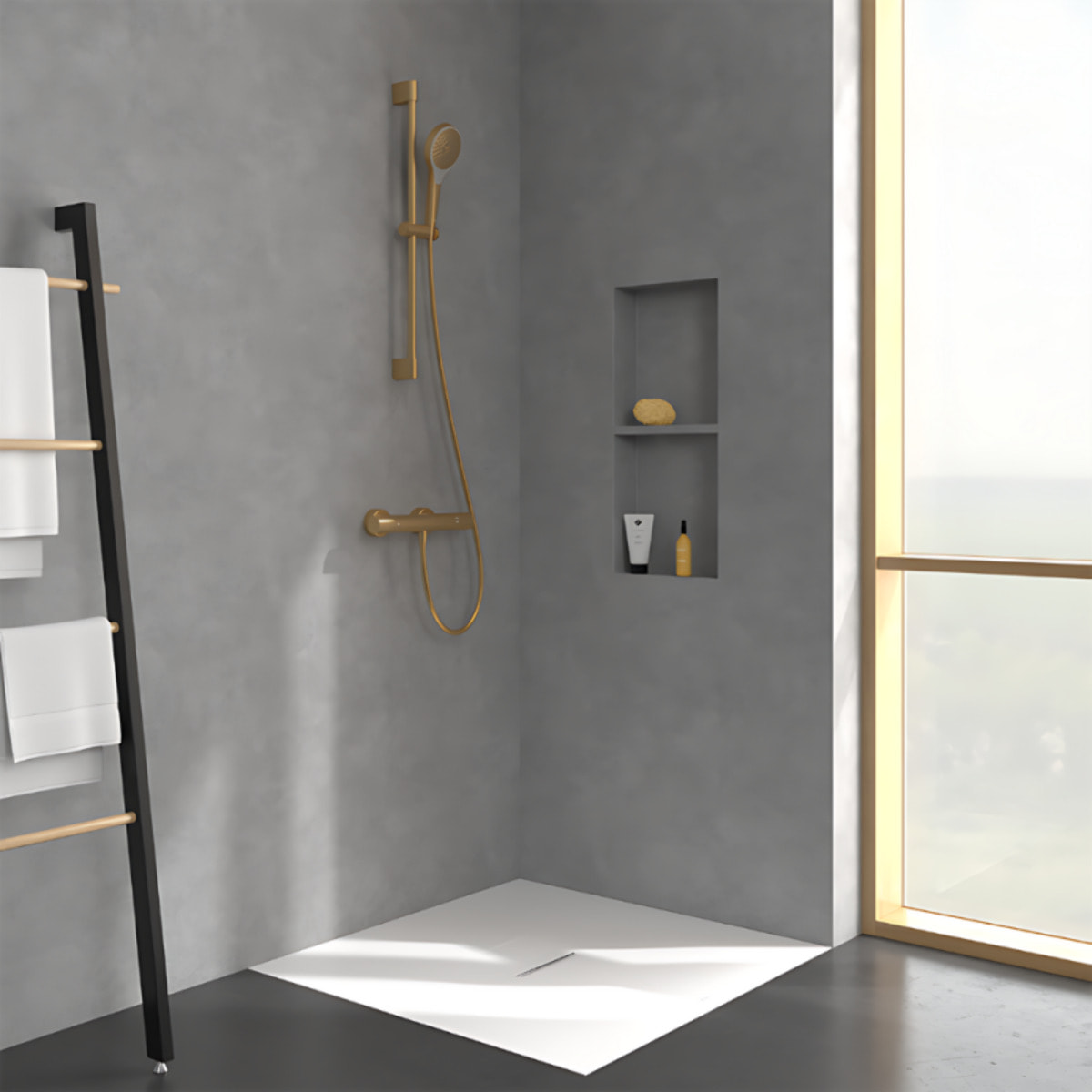Mitigeur douche thermostatique Universal rond + Ensemble de douche Verve Showers 3 jets Or brossé