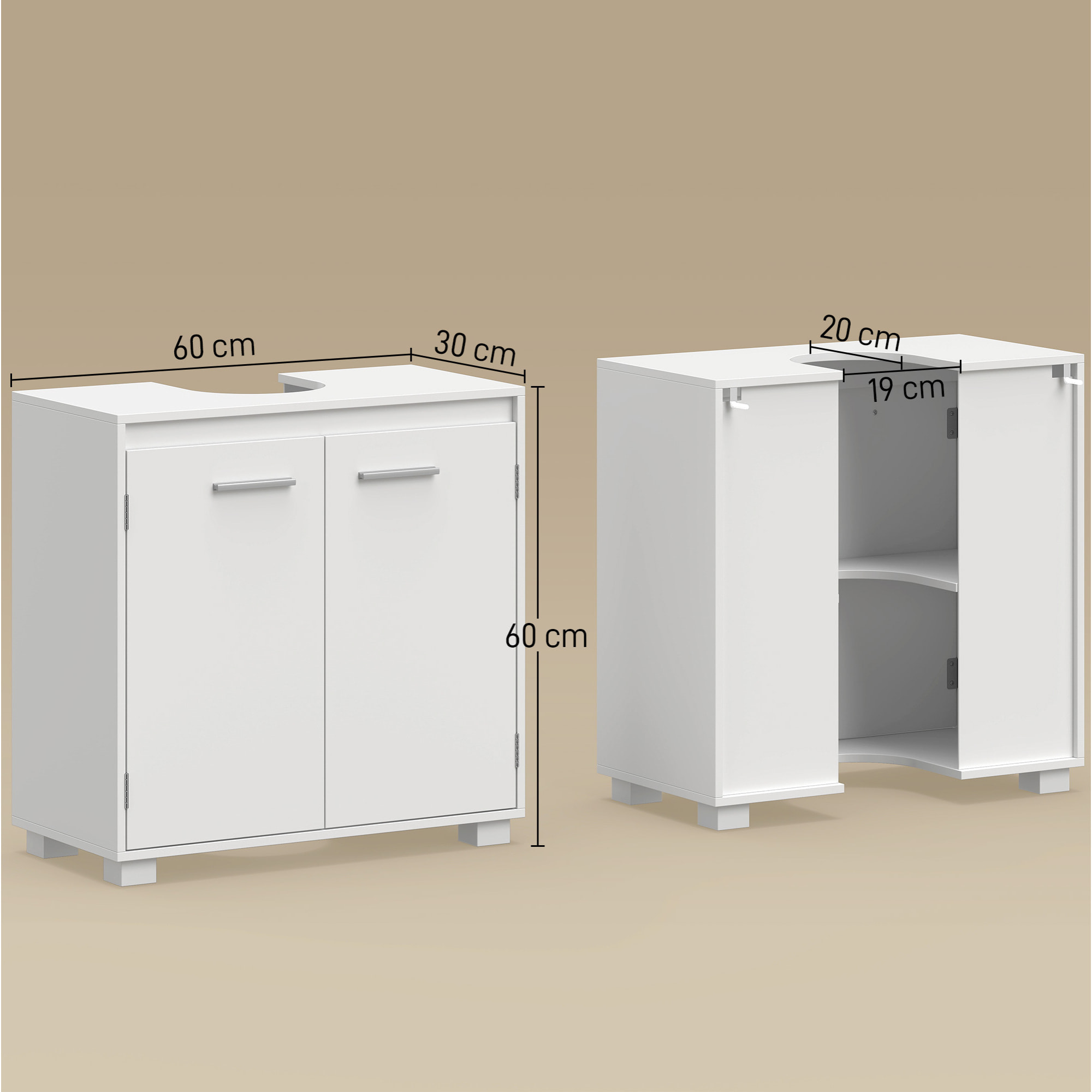 HOMCOM Mueble Bajo Lavabo, Mueble de Baño con Estante Ajustable, 2 Puertas y Recorte en U, Estilo Moderno, para Lavabo con o sin Pedestal, 60x30x60 cm, Blanco