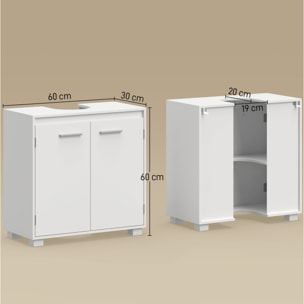 HOMCOM Mueble Bajo Lavabo, Mueble de Baño con Estante Ajustable, 2 Puertas y Recorte en U, Estilo Moderno, para Lavabo con o sin Pedestal, 60x30x60 cm, Blanco
