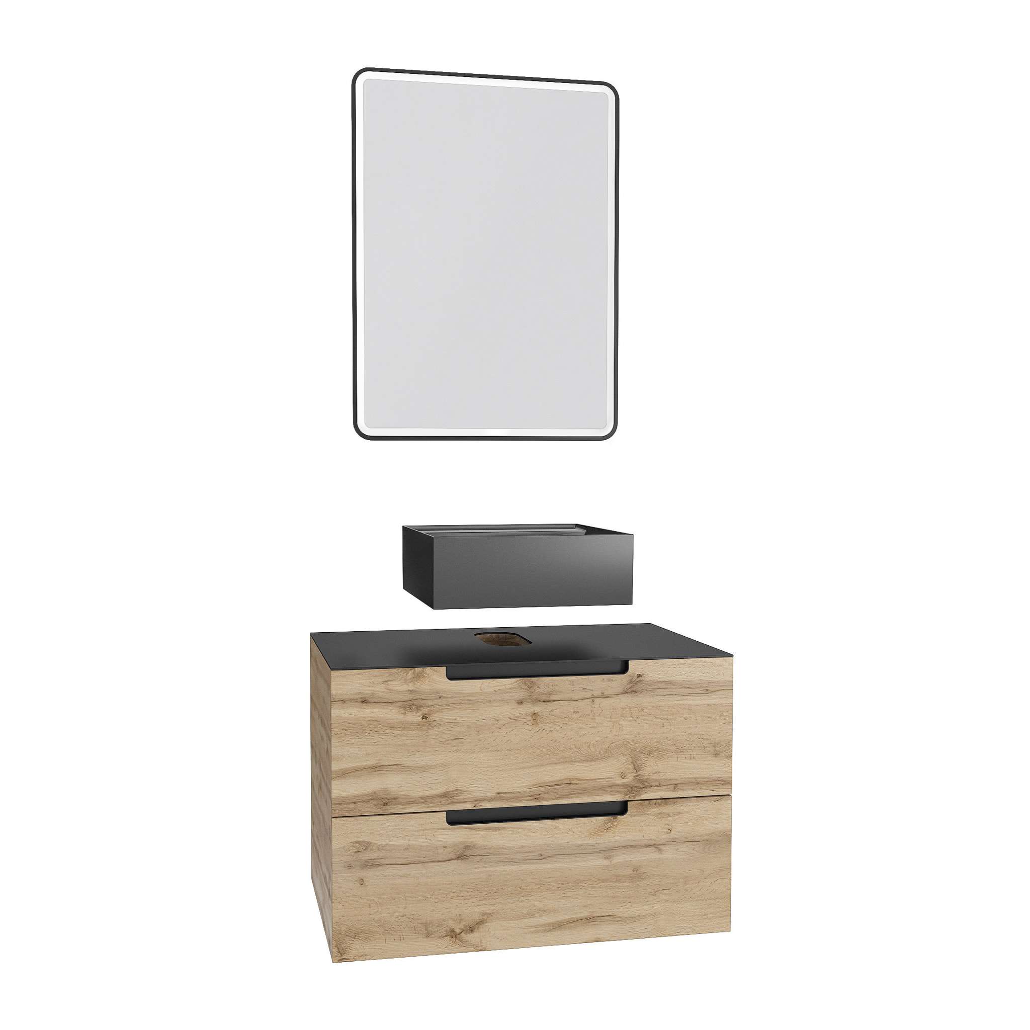 Meuble salle de bains 80 cm 2 tiroirs - Chêne et noir - Vasque carrée - Miroir Black Led - OMEGA