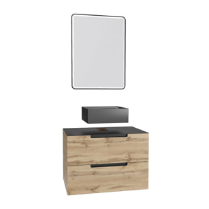 Meuble salle de bains 80 cm 2 tiroirs - Chêne et noir - Vasque carrée - Miroir Black Led - OMEGA