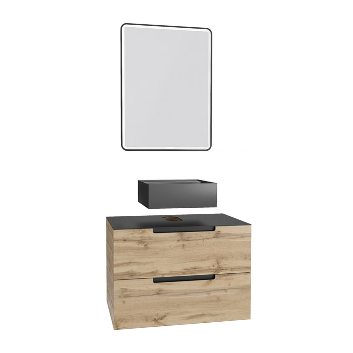 Meuble salle de bains 80 cm 2 tiroirs - Chêne et noir - Vasque carrée - Miroir Black Led - OMEGA