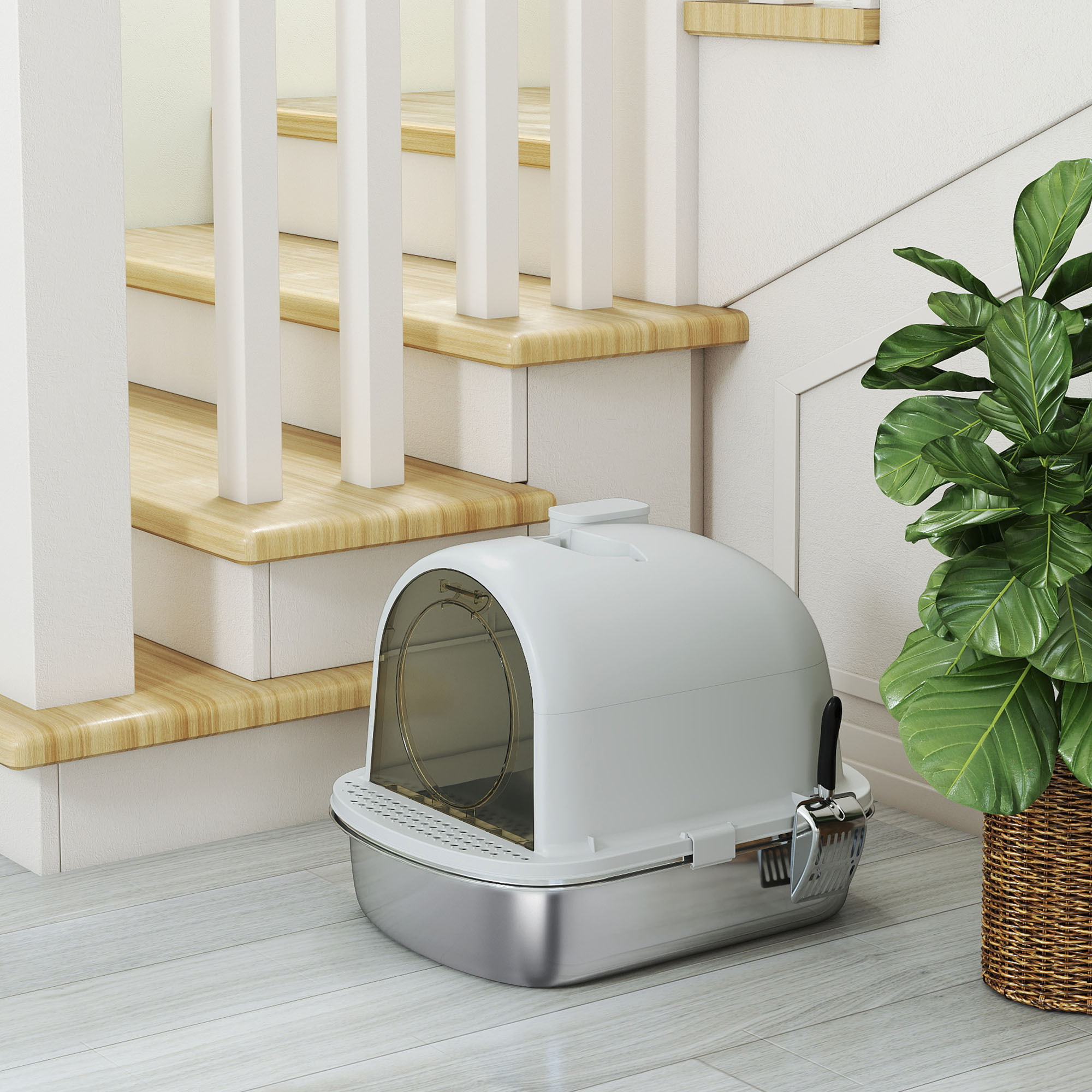 Arenero para Gatos de Acero Inoxidable con Cubierto Caja de Arena para Gatos Arenero con Bolsa Desodorizante Pala Fácil de Limpiar 52,4x41,3x39,9 cm Gris