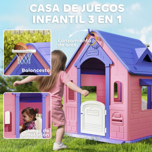 Casita Infantil Exterior e Interior 3 en 1, Casita Infantil de Jardín con Lanzamiento de Aros, Baloncesto, Casa de Juegos para Niños de 2-5 Años, Rosa y Morado