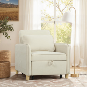 Sofá Cama de 1 Plaza 3 en 1, Sofá Cama Plegable Tapizado en Terciopelo Ecológico con Respaldo Ajustable 3 Niveles, 6 Bolsillos Laterales y Almohada, para Dormitorio, Salón, 74x85,5x82 cm, Beige