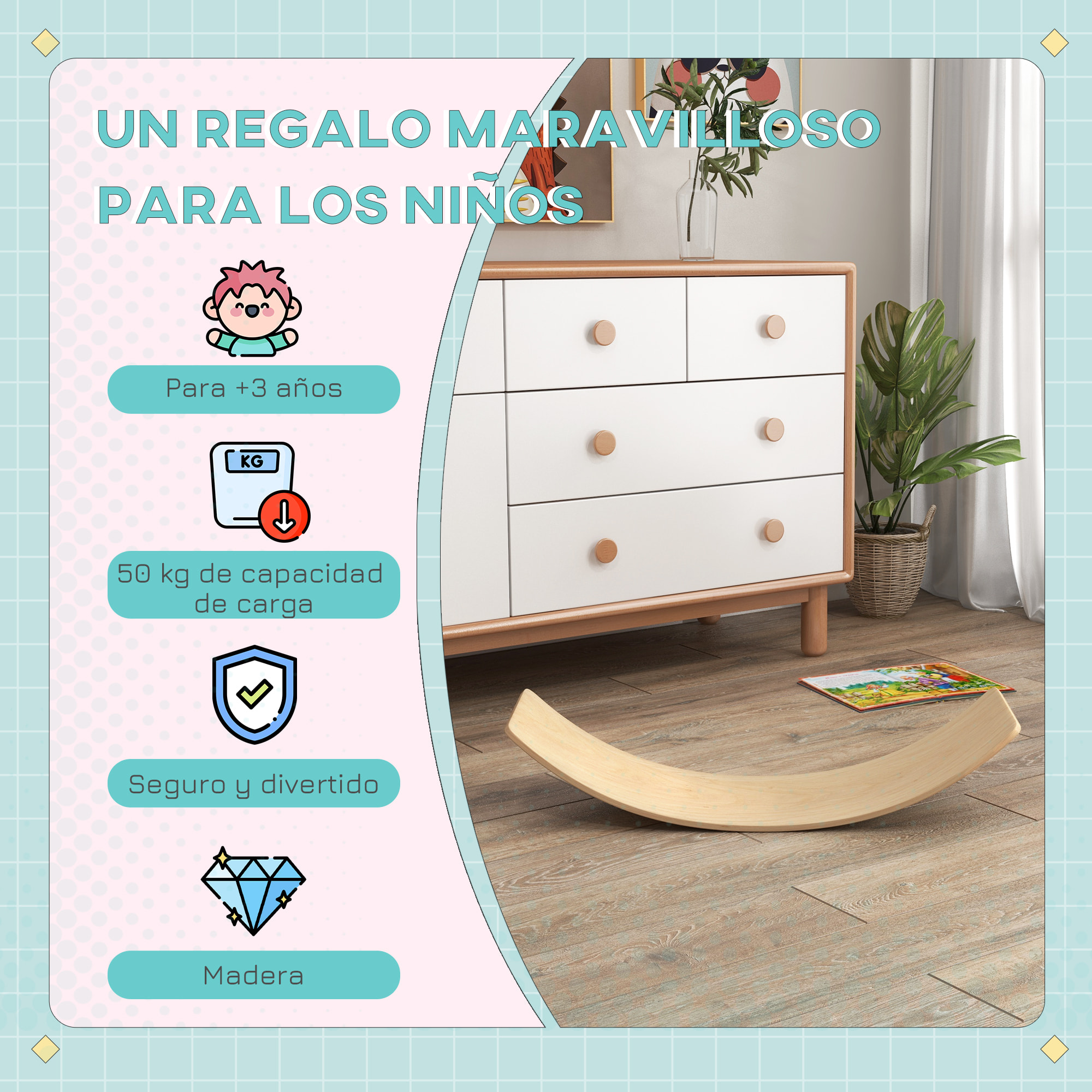 Tabla de Equilibrio para Niños de +3 Años Tabla Curva de Madera Carga 50 kg para Entrenamiento Sensorial Equilibrio 90x29x19 cm Natural