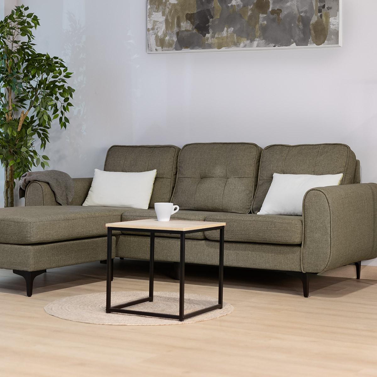 Sofa chaiselongue de 3 plazas tapizado beige caqui, mueble salon comedor