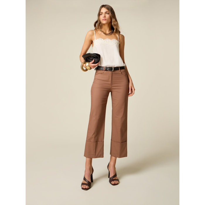 Oltre - Pantalones cropped con vuelta - Beige